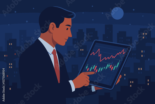 Businessman Analyzing Stock Market Data on Tablet at Night, Financial Trading, Investment Growth, City Skyline, Modern Vector Illustration