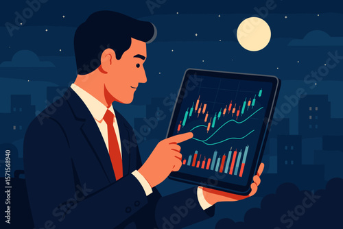 Businessman Analyzing Stock Market Data on Tablet at Night, Financial Trading, Investment Growth, City Skyline, Modern Vector Illustration