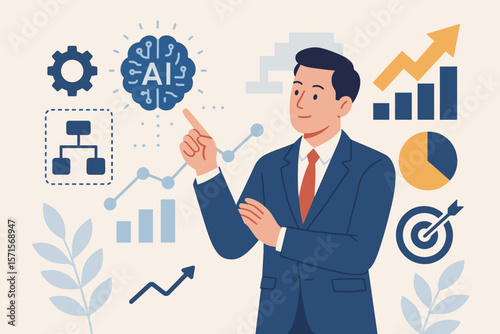 Businessman Utilizing Artificial Intelligence (AI) for Leadership, Management, Financial Data Analysis, Marketing Growth Strategy, and Customer Insights