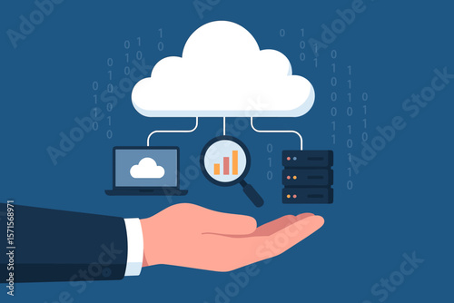 Cloud Computing Data Analytics Concept. Businessman Hand Holding Cloud Network, Online Data Storage, Server, Laptop, Magnifying Glass, Binary Code. Modern Flat Vector Illustration