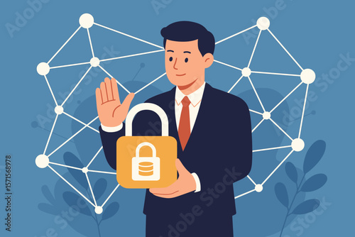 Businessman holding padlock symbolizing data protection, cybersecurity, secure business network, innovation technology, digital privacy, smart solution against cyber attack