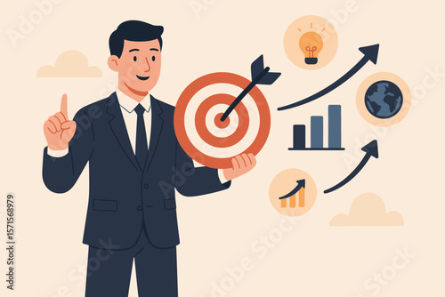 Businessman Holding Target Board, Marketing Strategy Icons, Arrow Hitting Bullseye, Business Objective, Growth, Success, Action Plan, Future Direction, Global Expansion, Analytics
