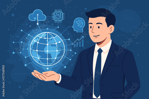 Businessman in suit holding digital globe, global business network, data exchange, innovation, future technology, AI, cloud computing, artificial intelligence, digital connections