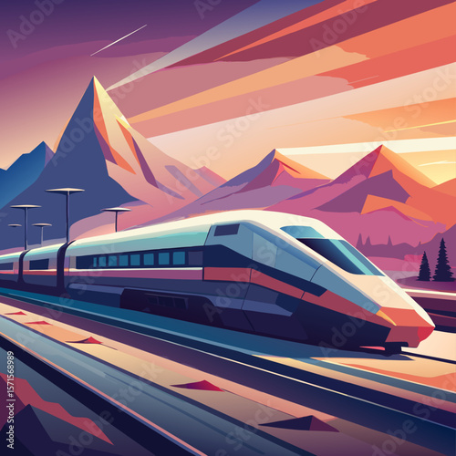 High-Speed Train Through Mountain Landscape at Sunset