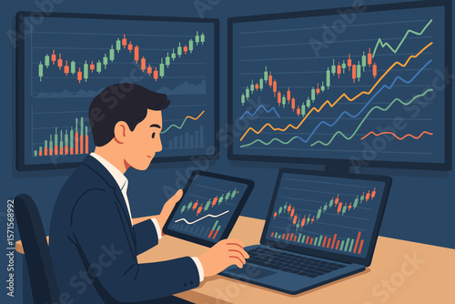 Businessman analyzing stock market data on laptop and tablet in trading room. Financial investment, online stock exchange trading, candlestick chart, market analysis, finance technology
