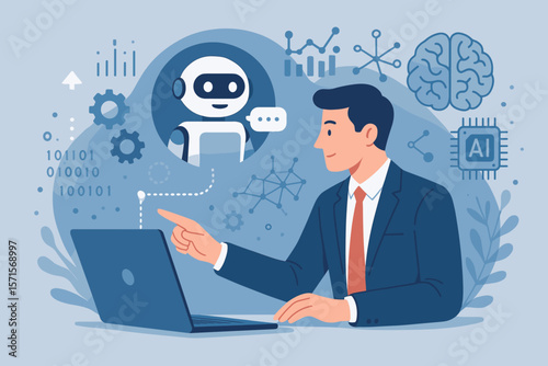 Businessman Interacting with AI Chatbot on Laptop, Machine Learning, Data Exchange, Big Data, Artificial Intelligence, Business Support, Digital Transformation, Technology Innovation