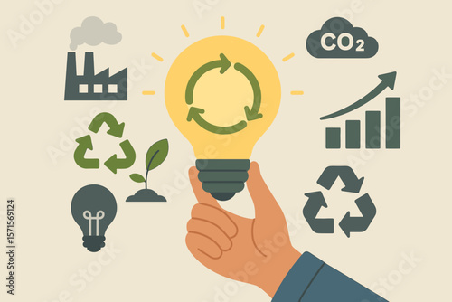 Circular economy concept with hand holding light bulb, recycling symbol, CO2 emissions, energy consumption, sustainable growth, eco-friendly business, green innovation, reuse materials