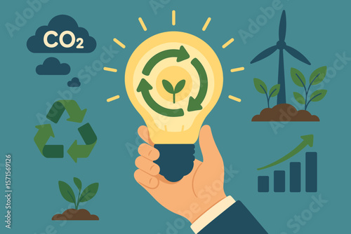 Circular economy concept. Hand holding glowing light bulb with recycling arrows, green energy, CO2 emissions reduction, renewable resources, sustainable business growth, eco innovation
