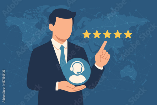 Customer Relationship Management, Businessman Holding Customer Service Icon, Five Star Excellent Rating, Global Network Technology, Client Support, Service Quality, Satisfaction