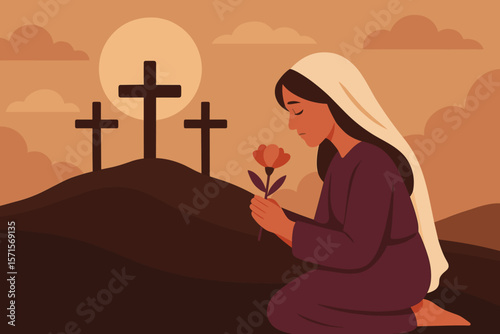 Good Friday Remembrance, Christian Woman Praying at Crosses, Religious Mourning, Faith, Hope, Resurrection, Flat Vector Illustration, Biblical Scene, Spiritual Reflection, Easter Symbolism