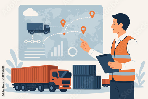 Logistics and Supply Chain Management Concept. Freight Transportation, Cargo Tracking, Delivery Route Planning, Shipping Containers, Truck Fleet, Data Analysis, Distribution Network, Global Map