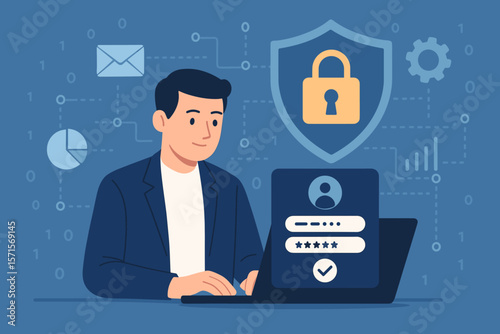Cyber security concept businessman using laptop login verified identity credentials, data protection, digital padlock, secure network access, business privacy technology