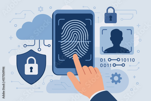 Biometric fingerprint authentication, cybersecurity technology, digital identity verification, secure access, data protection, internet privacy, cloud security, business safety concept