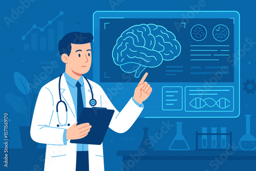 Medical Doctor Analyzing Brain Scan Results with Digital Interface, Neuroscience Diagnostics, Laboratory Research, Innovative Technology, Science, Medicine, Data Visualization