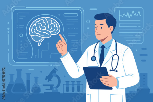 Neurologist Analyzing Brain Scan Results with Digital Interface in Medical Laboratory, Innovative Neuroscience Diagnostics, Doctor with Stethoscope, Science Technology Concept