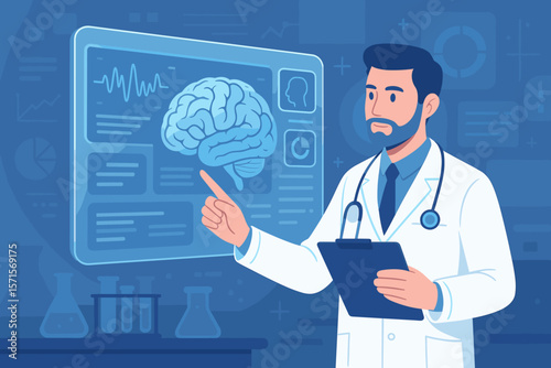 Medical Doctor Analyzing Brain Scan Results with Digital Interface, Neurology Diagnostics, Laboratory Science, Innovative Healthcare Technology, Data Visualization, Research, Medicine