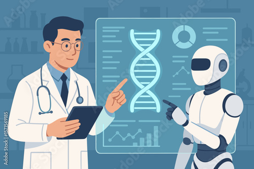Doctor and Robot Collaborate on DNA Analysis, Medical Artificial Intelligence, Genetic Research, Futuristic Healthcare Technology, Virtual Interface, Innovation in Medicine
