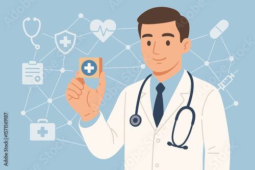 Male Doctor Holding Medical Services Block, Healthcare Network, Stethoscope, Medical Icons, Modern Flat Vector, Health Insurance, Hospital, Medicine, Professional Care Concept