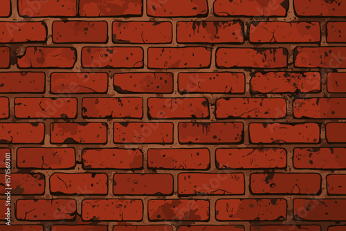Grunge Red Brick Wall Seamless Pattern. Urban Vintage Texture. Old Brickwork Background. Distressed Masonry. Retro Construction. Grungy Red Bricks. Vector Illustration. Building Material Concept
