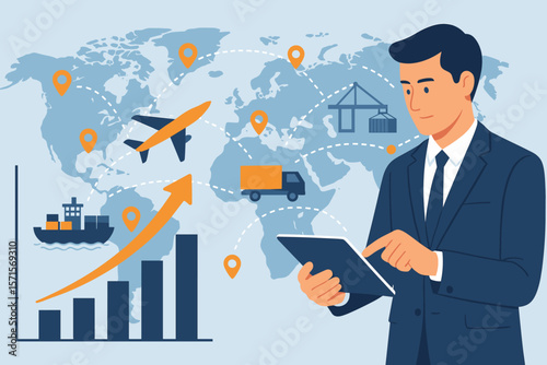 Global Business Logistics Growth Graph with World Transportation Map, Industrial Cargo Freight, and Supply Chain Management by Businessman Using Tablet for Distribution Control