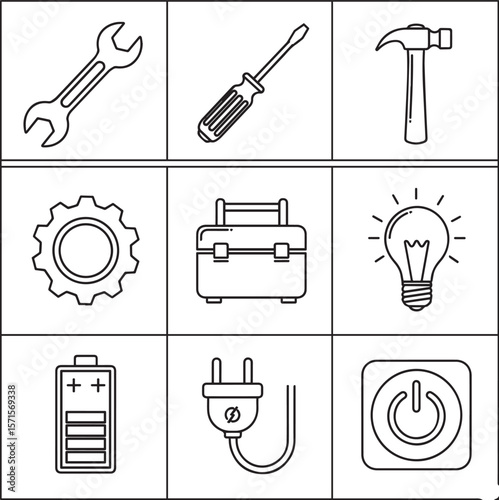 Tools and electrical components collection wrench screwdriver