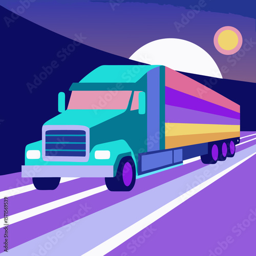 Retro Style Semi Truck Driving on Highway at Night