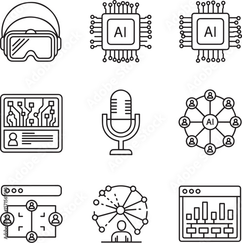 Virtual reality headset artificial intelligence chip circuit board microphone network diagram data analysis