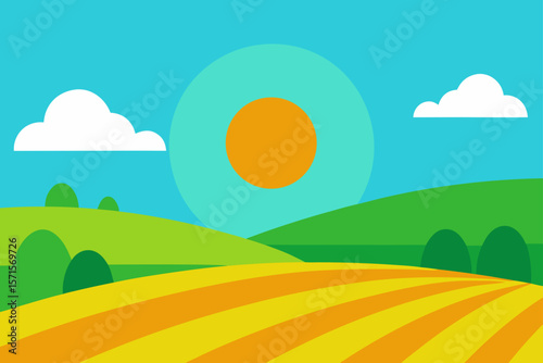 Sunny Summer Landscape Rolling Hills, Golden Fields, and a Bright Sky
