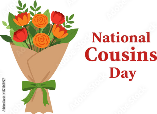 Bouquet of Orange and Red Flowers Wrapped in Brown Paper with Green Bow, National Cousins Day