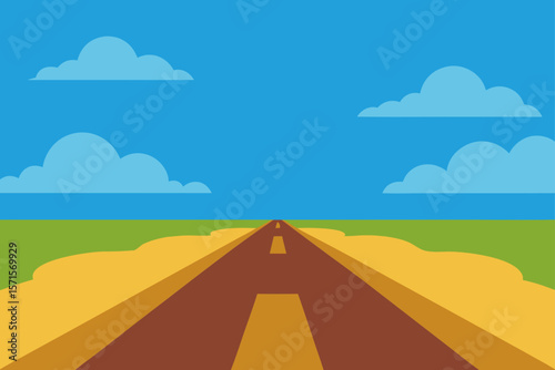 Wide Field And Country Road Stretching Toward The Horizon