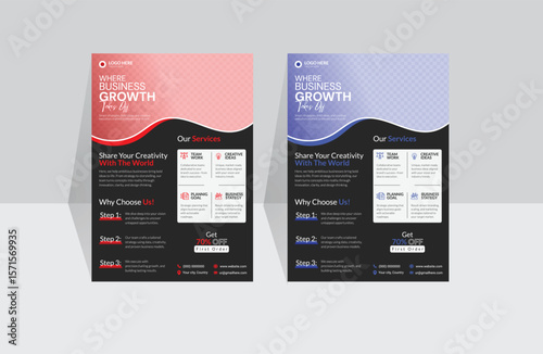 A bundle of 2 template of a4 business flyer, modern and clean template with different colors and organic shapes