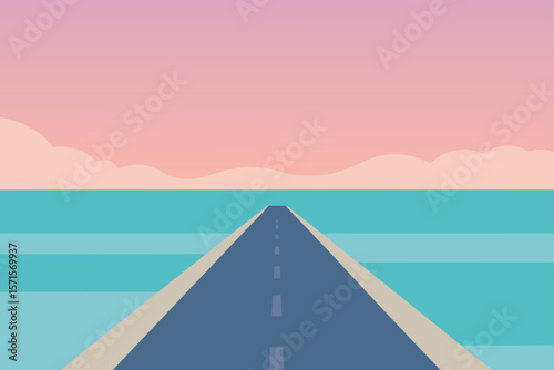 Road Disappearing Into Misty Ocean Horizon With Calm Waves