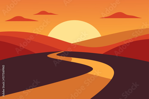 Sunset Landscape With Distant Hills And A Winding Road
