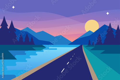 Road Along Peaceful Lake With Soft Evening Reflections