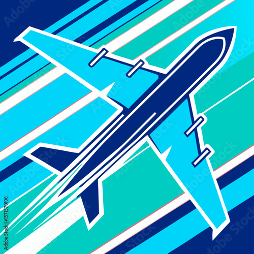 Airplane in Flight, Blue and Teal Abstract Design
