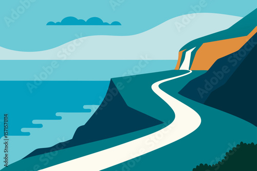Coastal Cliffside Road View With Soft Ocean Waves