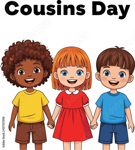 Cartoon Cousins Holding Hands, Smiling, Wearing Colorful Clothes, Diverse Children, National Cousins Day