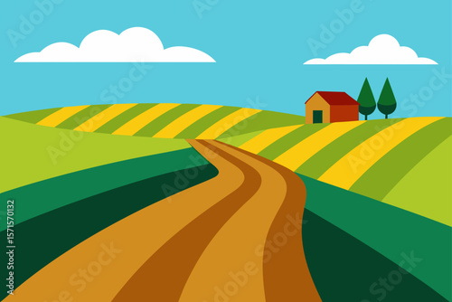 Country Fields With Split Dirt Road And Farmland Views