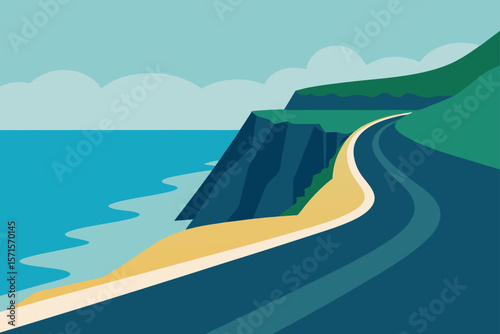Coastal Cliffside Road View With Soft Ocean Waves