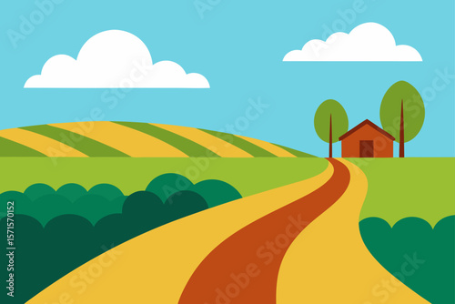 Country Fields With Split Dirt Road And Farmland Views