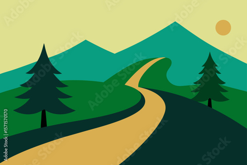 Distant Hills And Pine Covered Slopes With Sloping Road