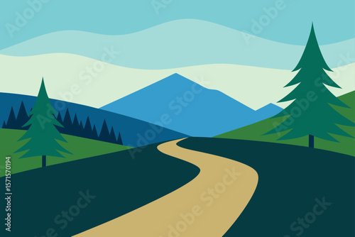Distant Hills And Pine Covered Slopes With Sloping Road