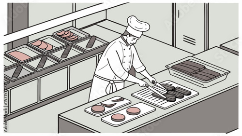 Illustration of chef preparing food in commercial kitchen for restaurant service and food preparation
