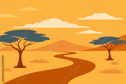 Flat Vector Savannah Road Scene With Soft Golden Light