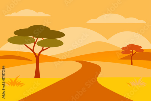 Flat Vector Savannah Road Scene With Soft Golden Light