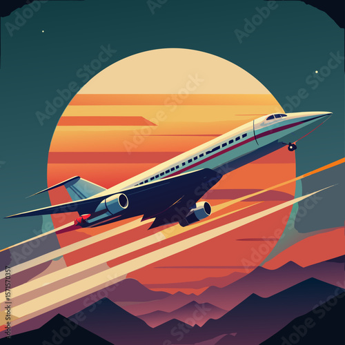 Retro Jet Airplane Taking Off at Sunset, Vector Illustration