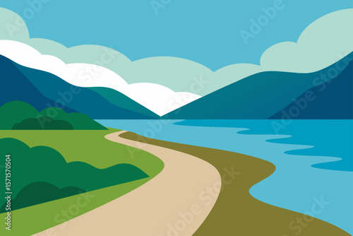 Lake Side Path Leading Around Water With Hills In View