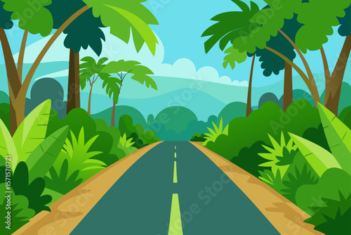 Lush Jungle Road Surrounded By Dense Foliage Sunlight
