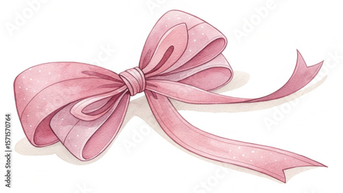 Watercolor pink ribbon bow illustration for gift wrapping and decoration, design element and scrapbooking use