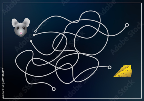 Cute maze game illustration with a cartoon mouse trying to find a way to a piece of cheese. Fun and educational puzzle design suitable for children’s games, activity books, or learning apps. Vector-st